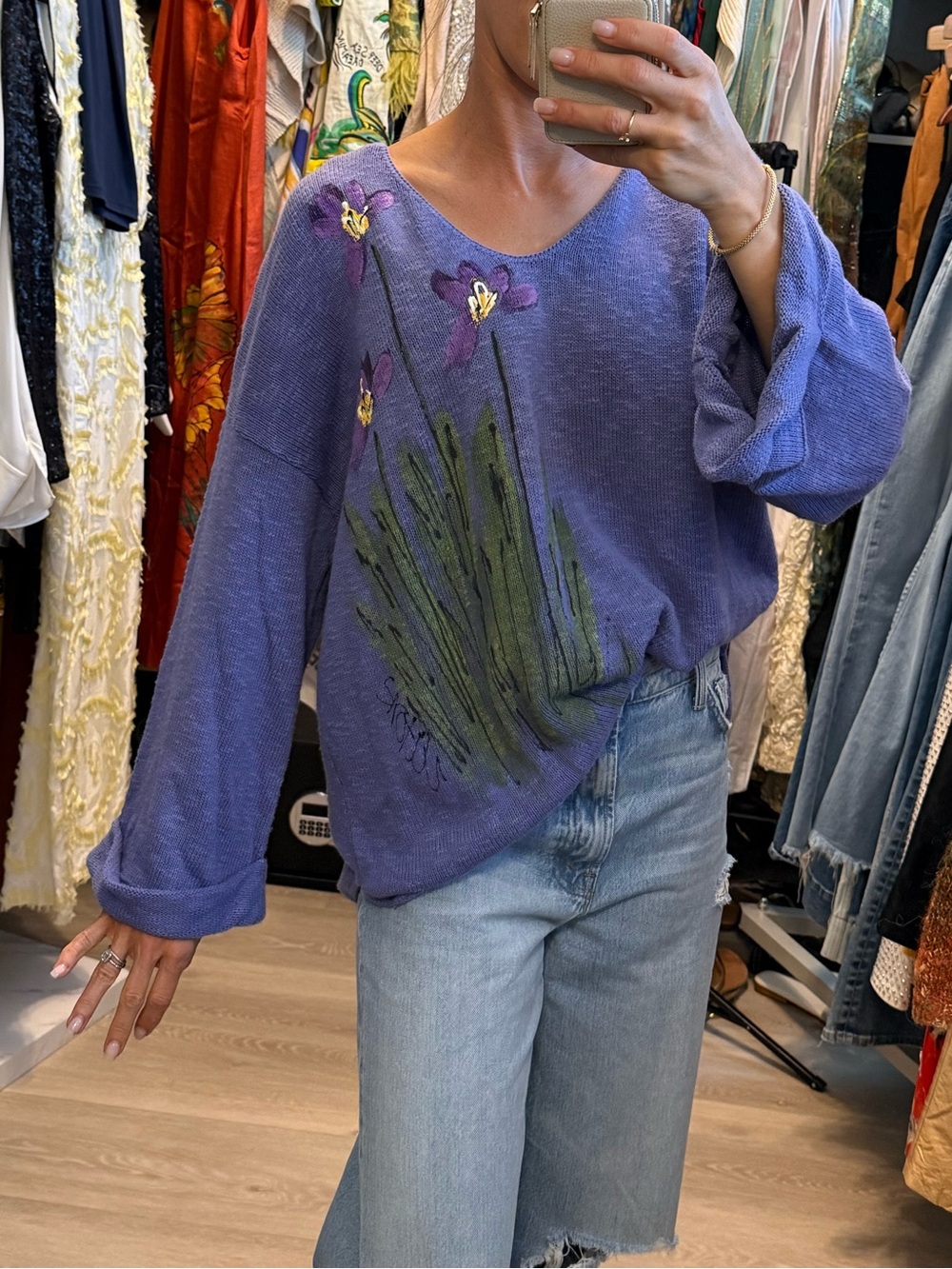 Hand painted Lavender Floral Embroidered Lightweight Sweater